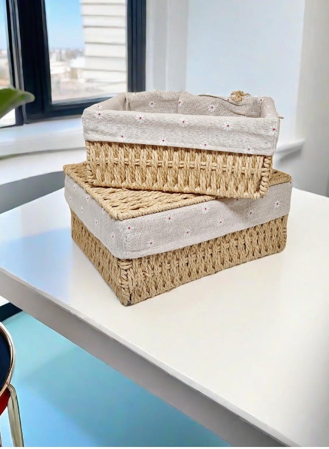Small Wicker Baskets with Lids Liner Set of 3 Size Paper Rope Woven Decorative Cute Nesting Storage Baskets for Shelves Rectangular Container Bins for Table Snacks Gifts Makeup Organizer Beige - Image 5